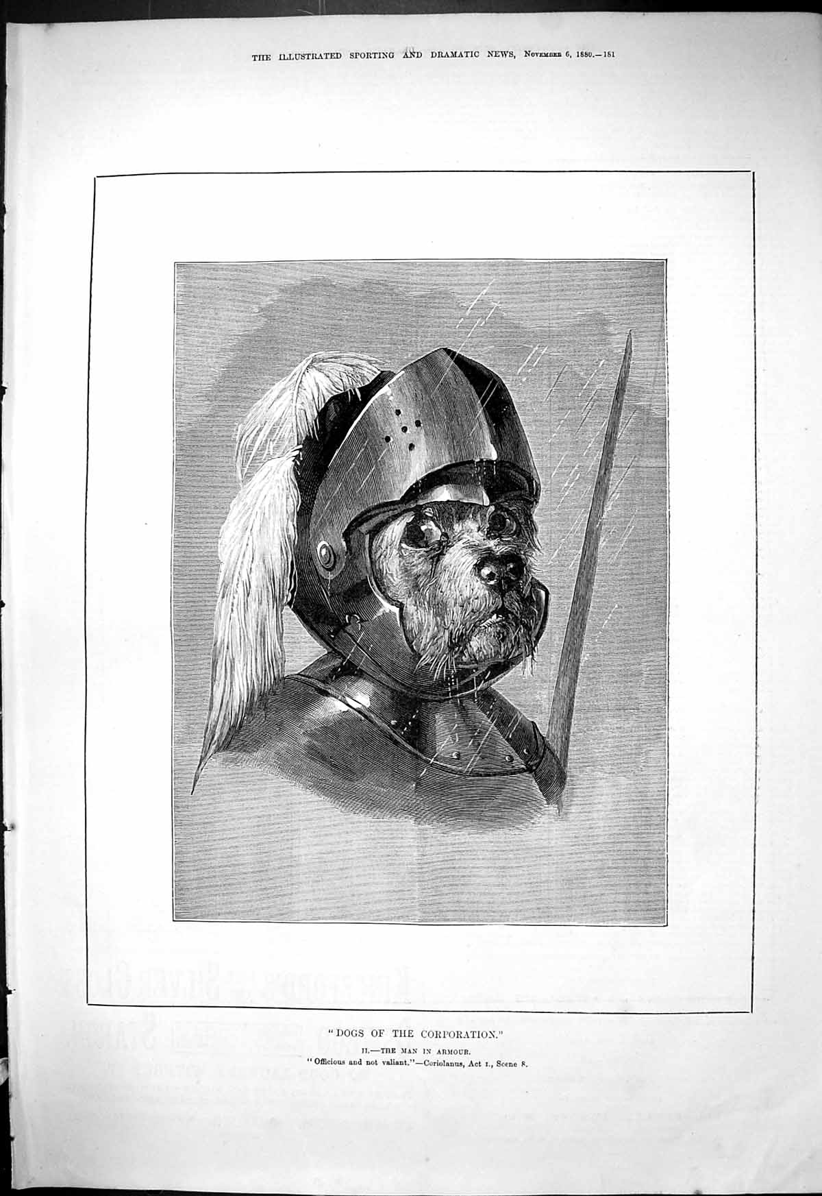 Original Old Antique Print 1880 Dogs Corporation Man Armour Theatre Victorian
