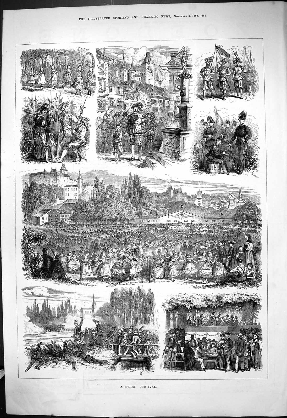 Antique Old Print 1889 Swiss Festival Celebration Switzerland Entertainment