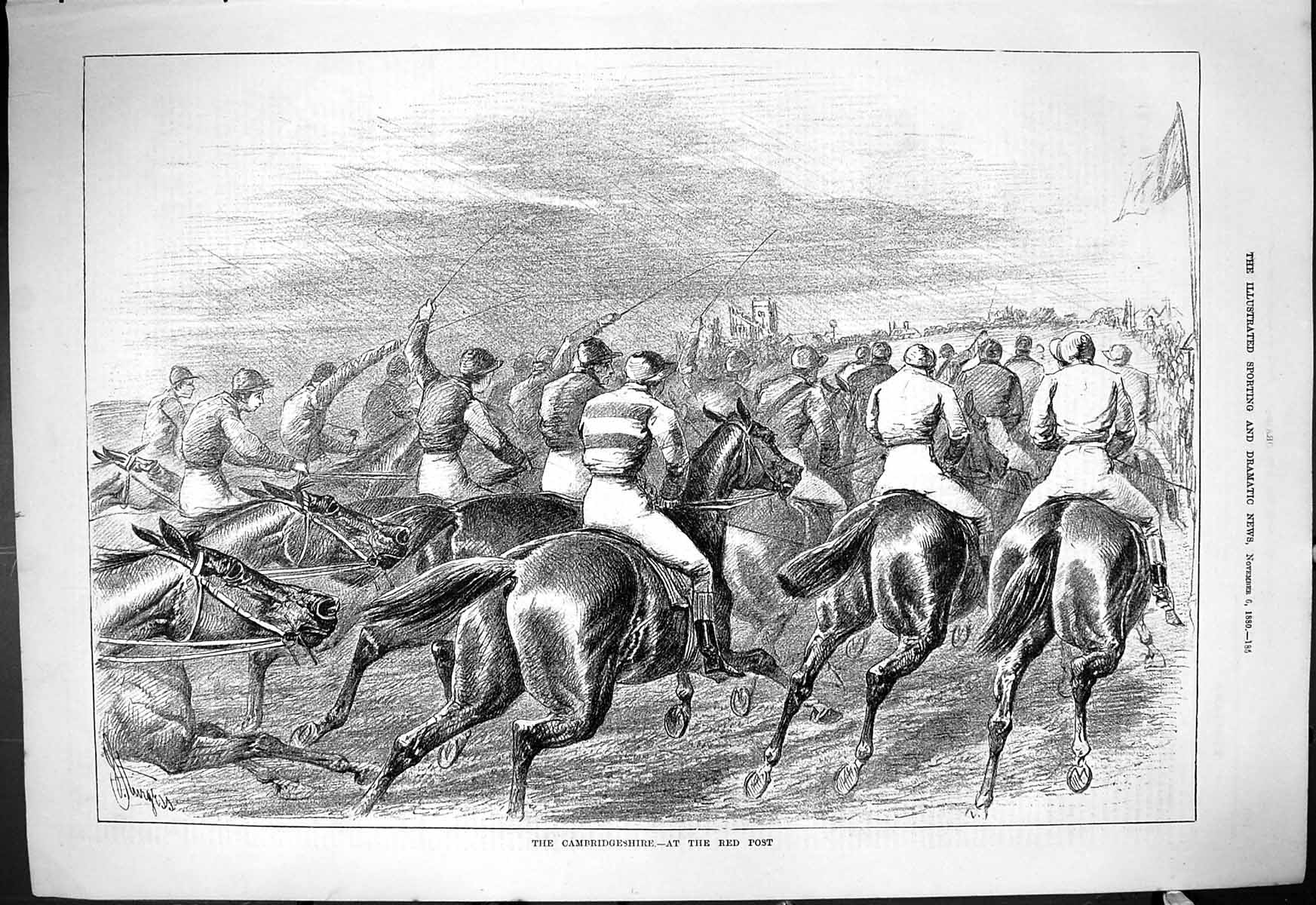Old Antique Print 1880 Cambridgeshire Horse Racing Red Post Jockeys Sport 19th