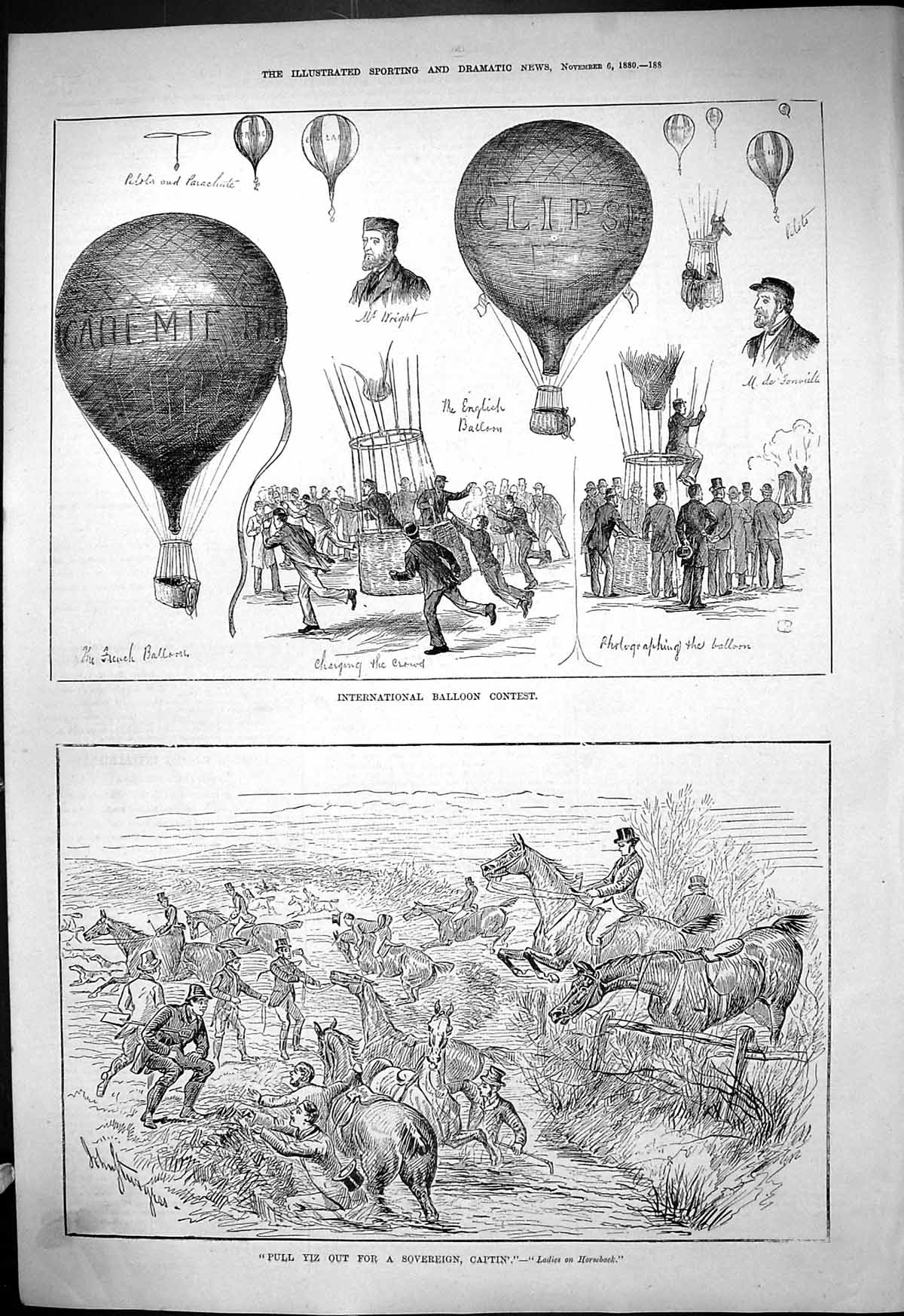 Old 1880 International Balloon Contest Wright Hunting Horses Fallen D Victorian
