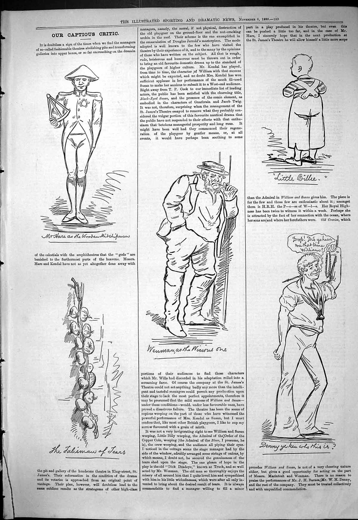 Antique Old Print 1880 Captious Critic Theatre Hare Talisman Little Billie 19th