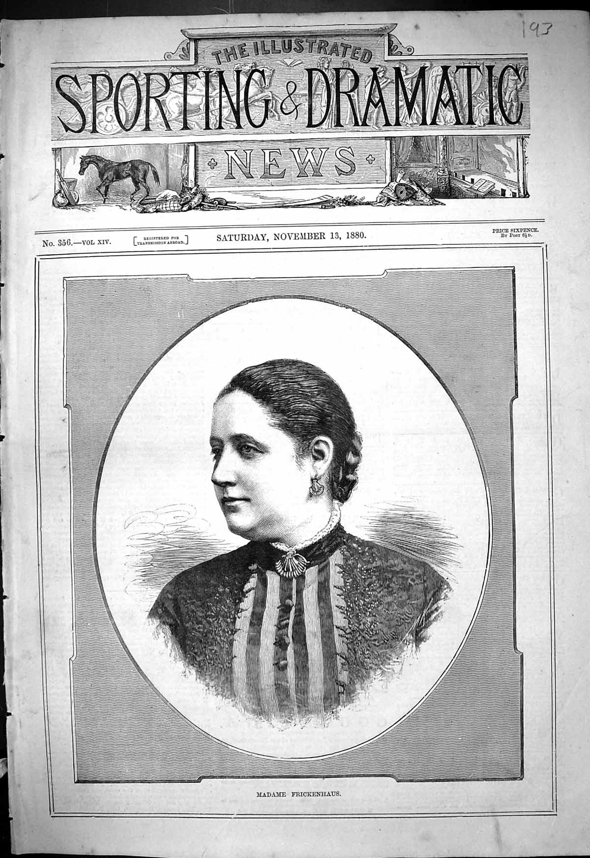 Original Old Antique Print 1880 Portrait Madame Frickenhaus Beautiful Woman