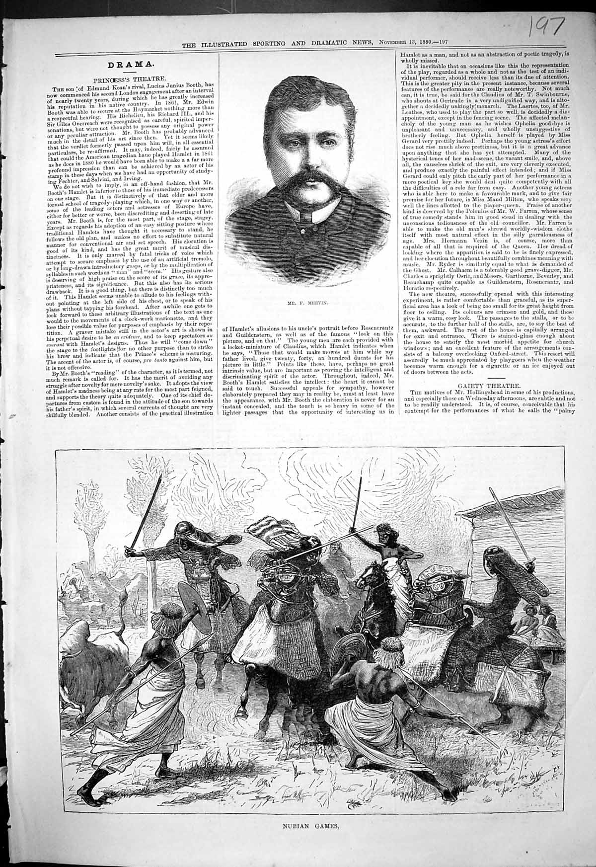 Antique Old Print 1880 Portrait Mervin Nubian Games Horses Men Spears Shields