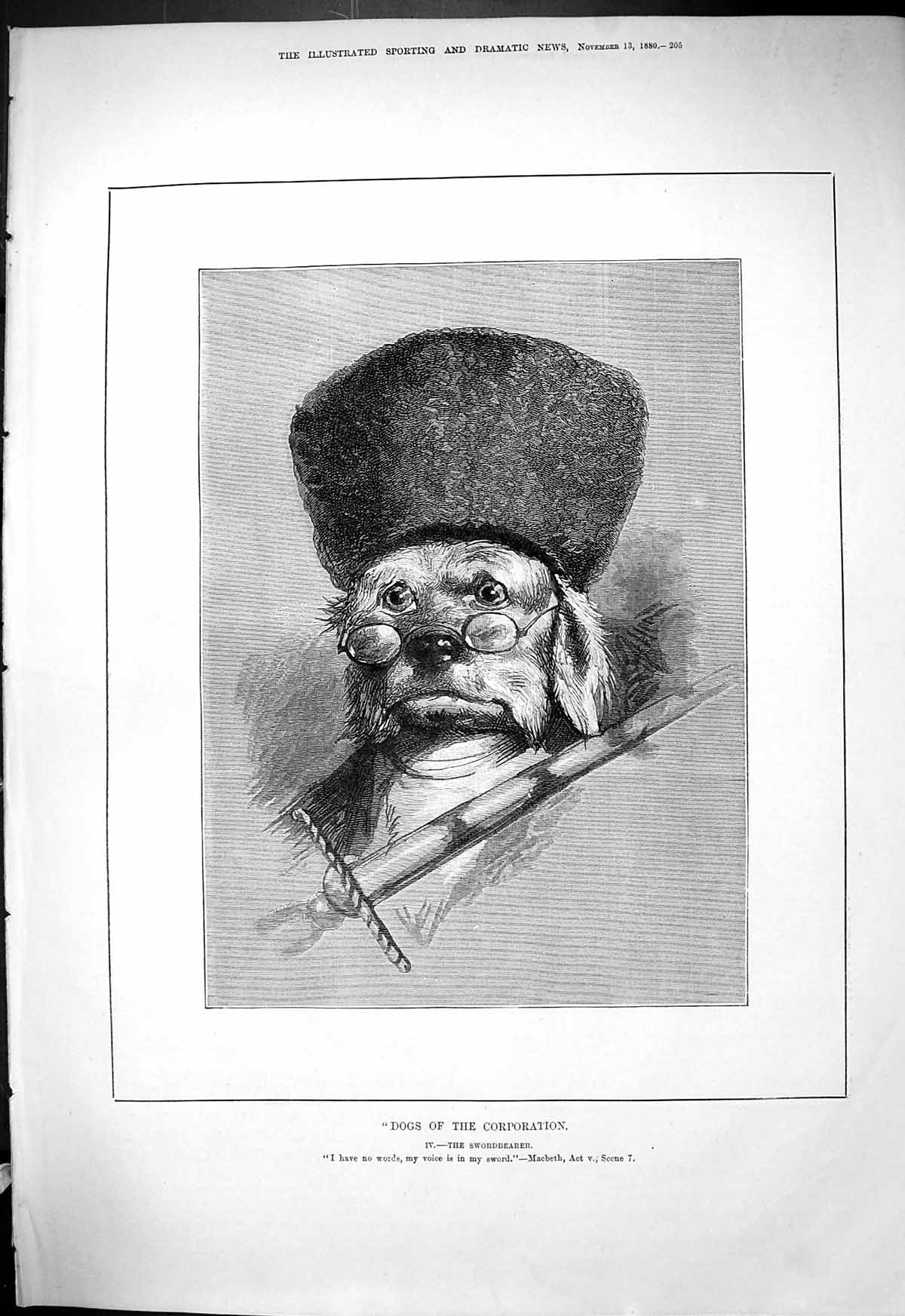 Original Old Antique Print 1880 Dogs Corporation Swordbearer Theatre Victorian