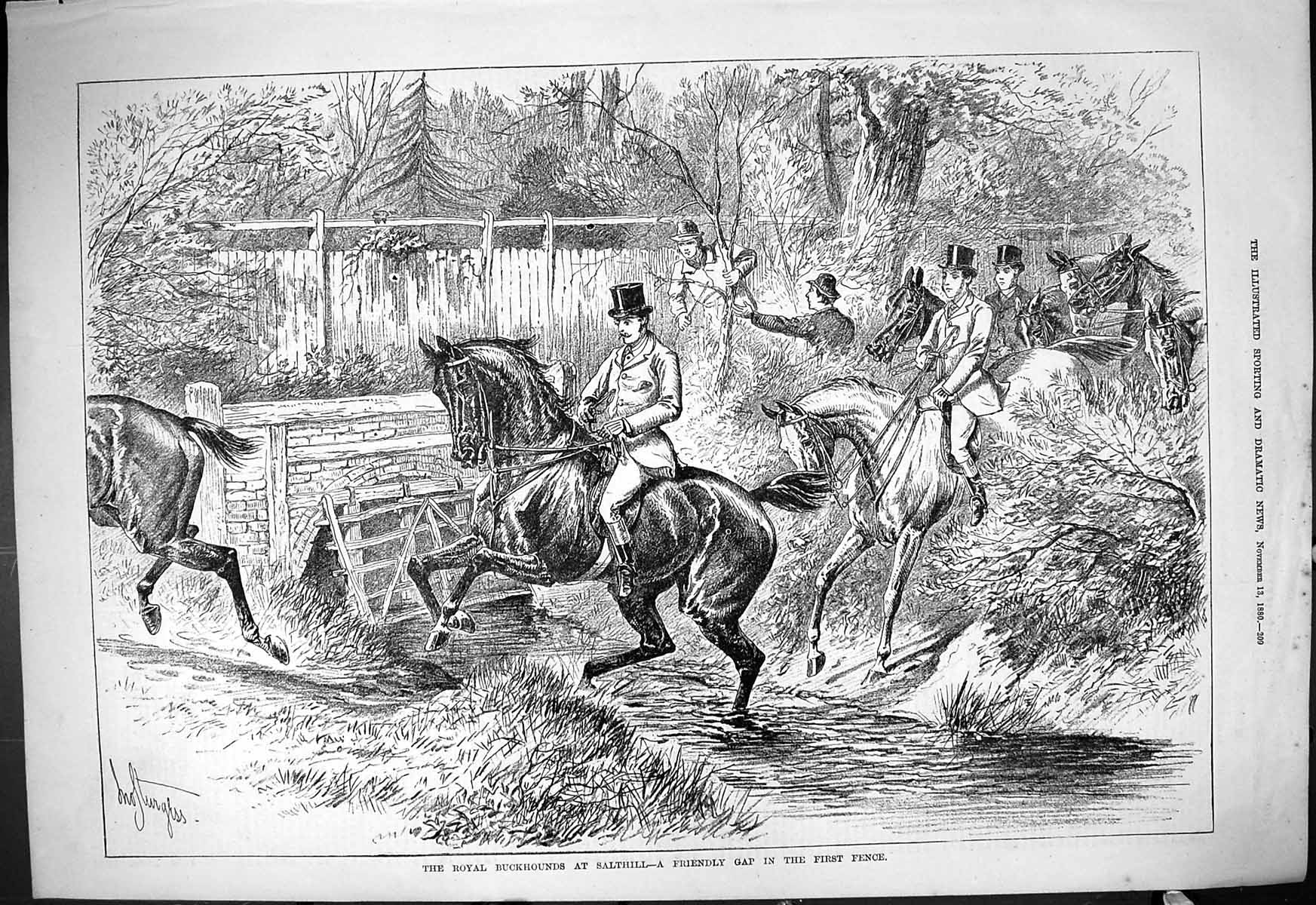 Antique Old Print 1880 Royal Buckhounds Sathill Hunting Sport Horses Huntsmen
