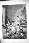 Original Old Antique Print 1880 Lesson Patience Ladies Young Girl Knitting Wool