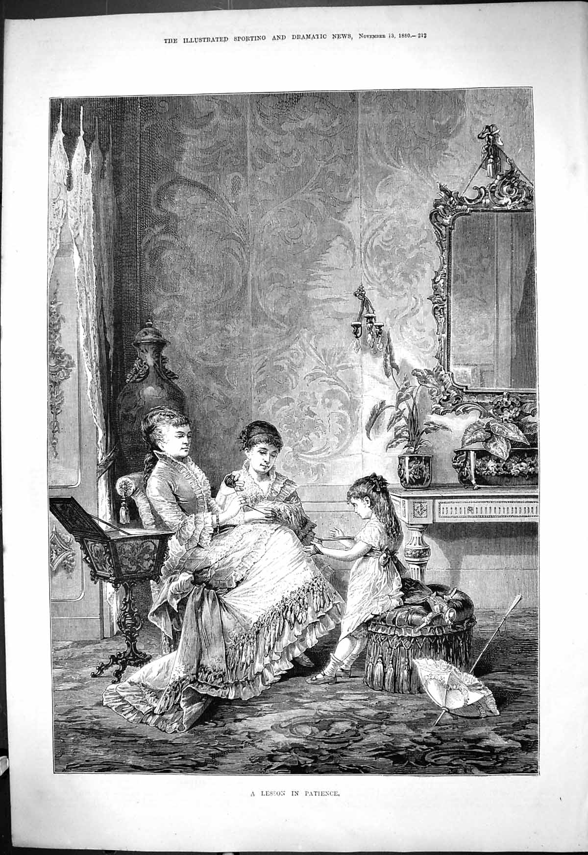 Original Old Antique Print 1880 Lesson Patience Ladies Young Girl Knitting Wool