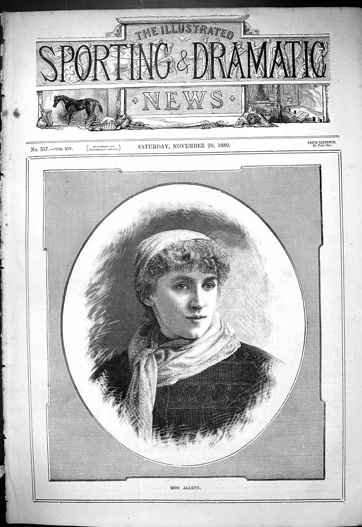 Original Old Antique Print 1880 Portrait Miss Alleyn Beautiful Woman Victorian