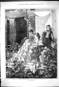 Original Old Antique Print 1880 Scene On The Balcony Beautiful Ladies Victorian