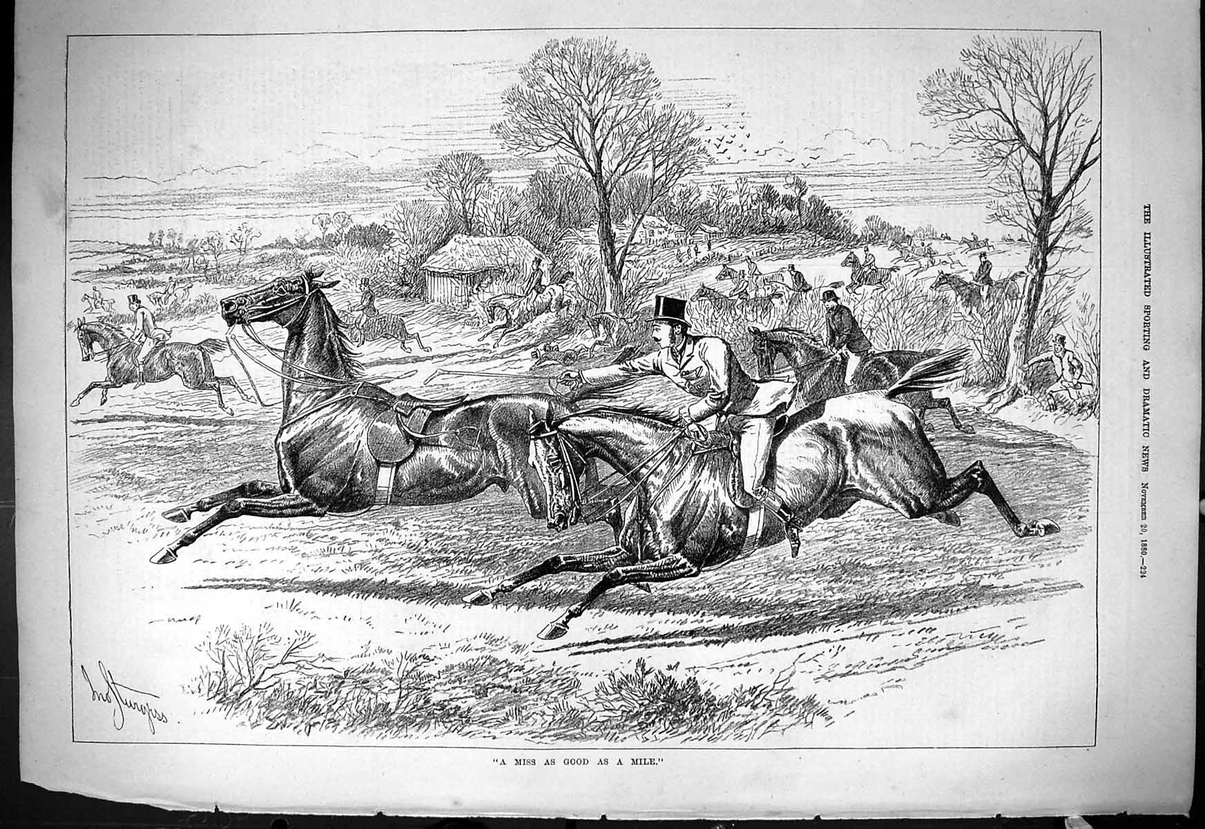 Original Old Antique Print 1880 Hunting Scene Runaway Horse Huntsmen Sport 19th