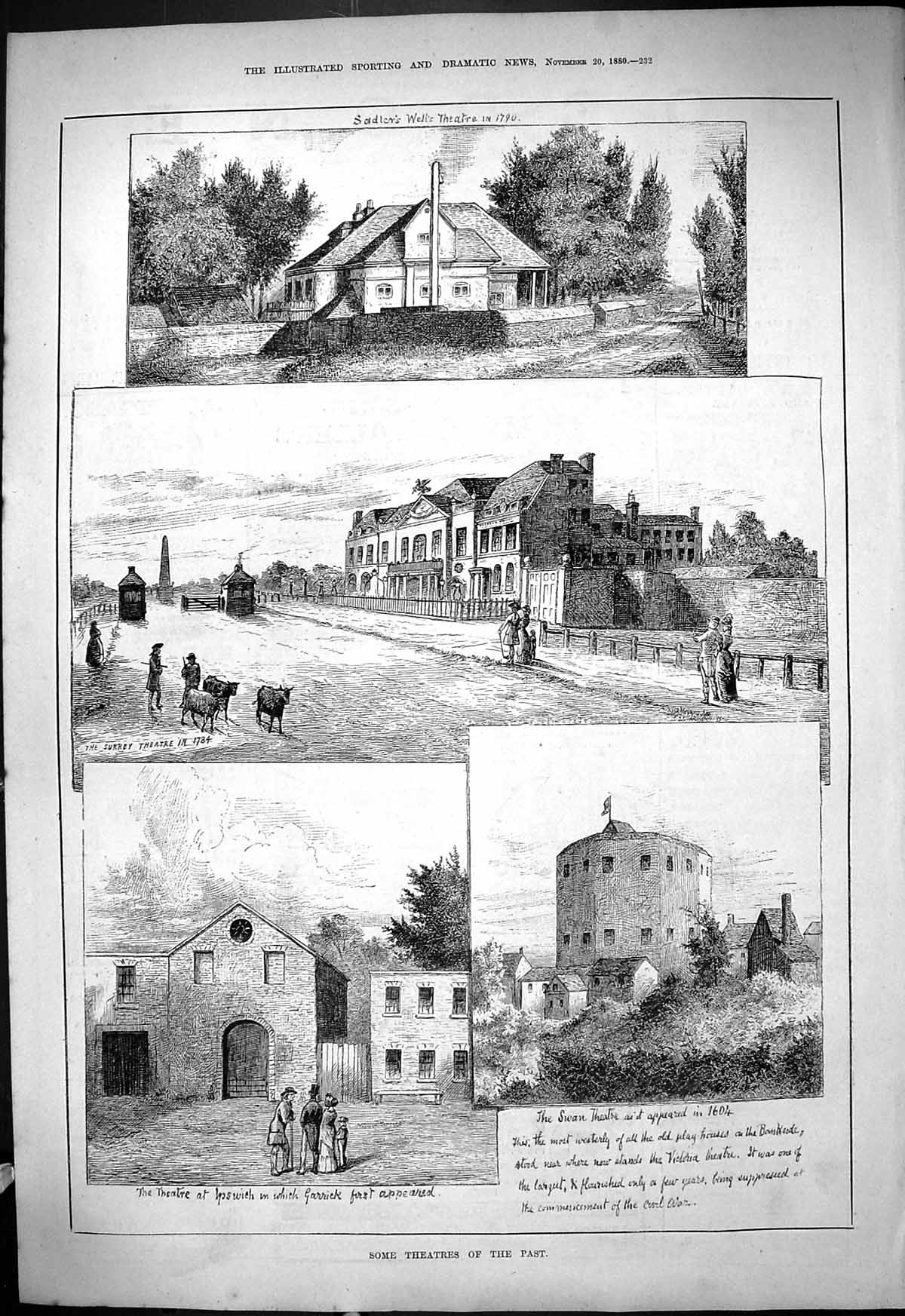 Old Antique Print 1880 Theatre Sadler'S Wells Surrey Ipswich Garrick Swan 19th