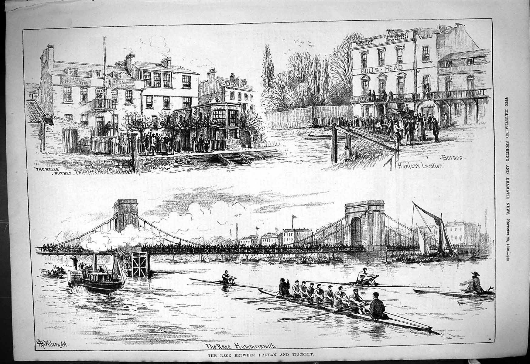Old Antique Print 1880 Boat Race Hanlan Trickett Barnes Hammersmith Sport 19th