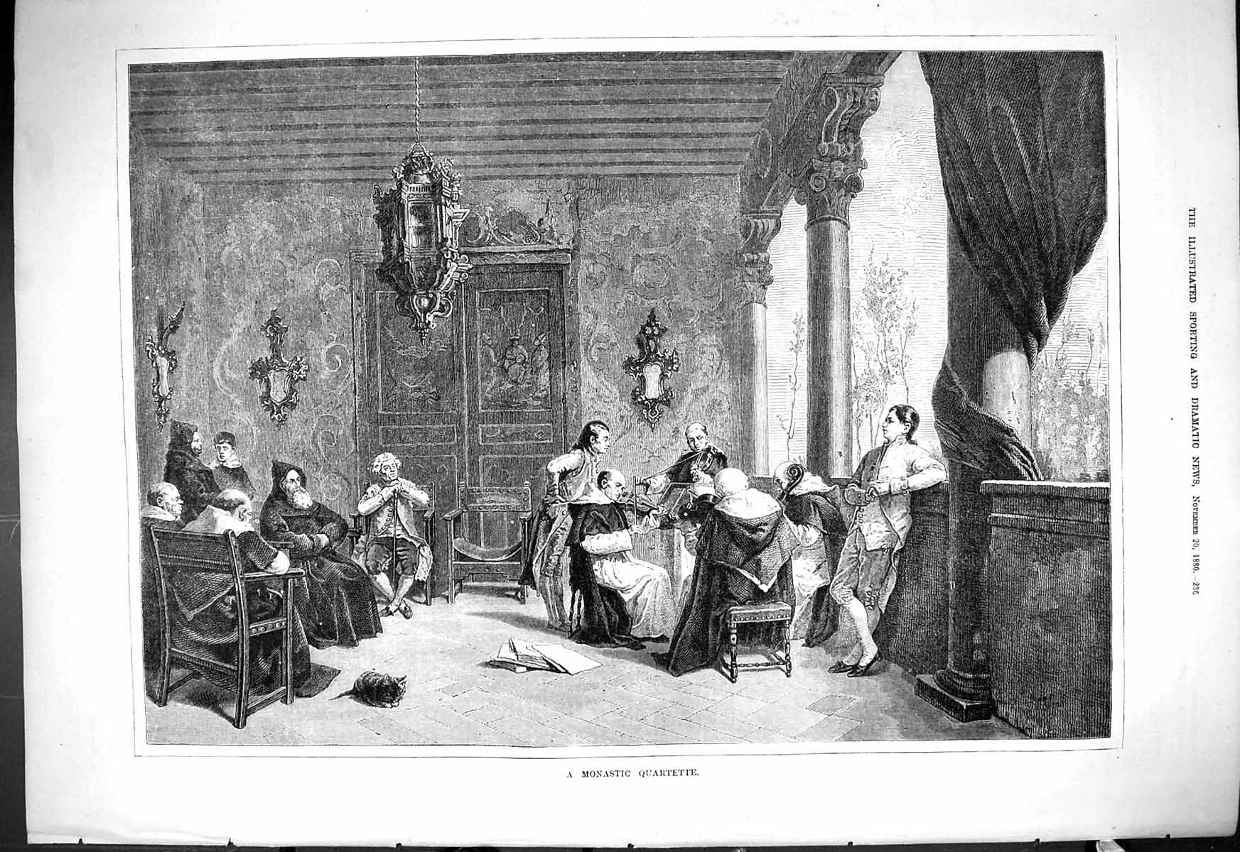 Original Old Antique Print 1880 Monastic Quartette Music Instruments Monks 19th