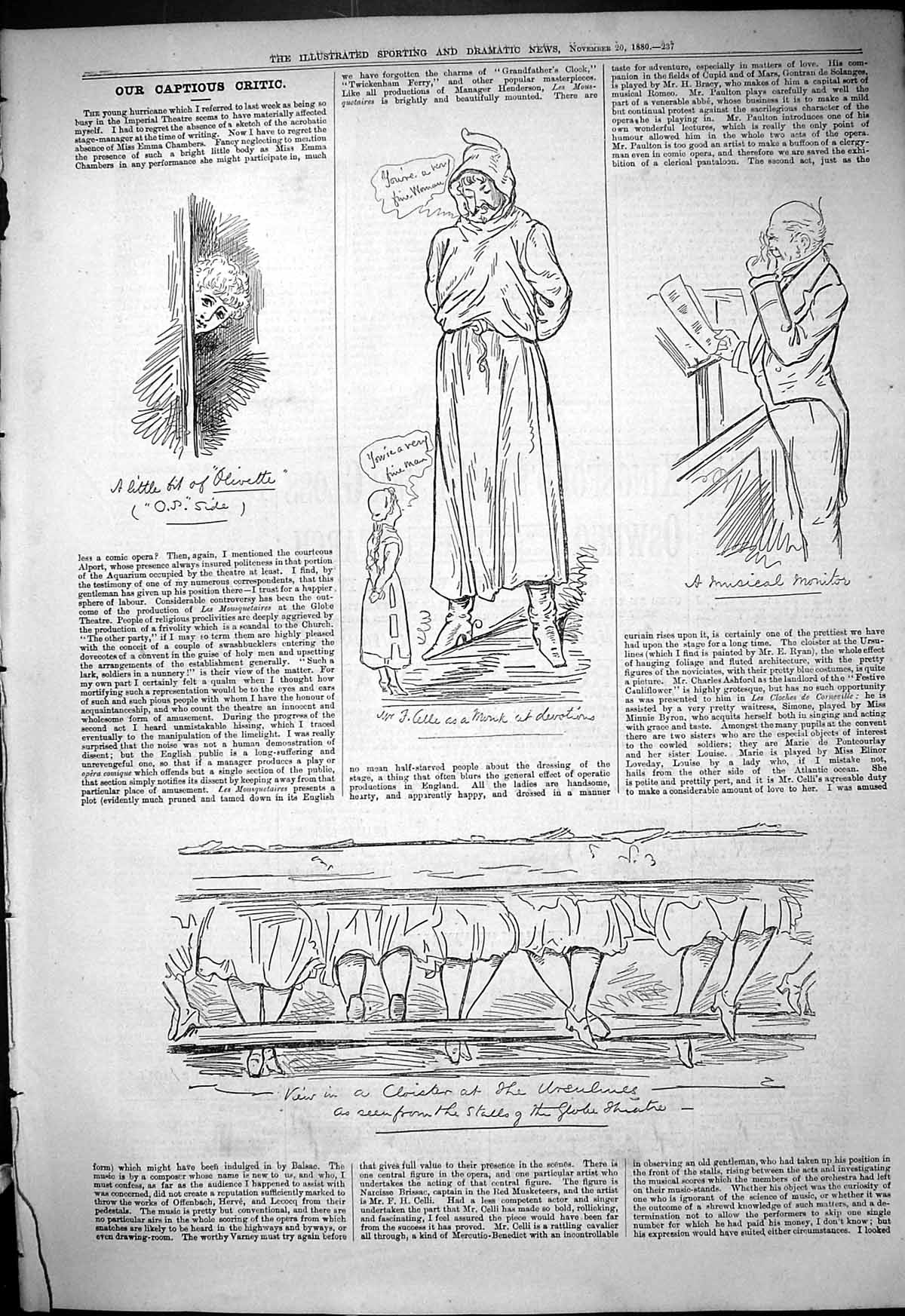 Old Antique Print 1880 Captious Critic Theatre Cloister Musical Monitor 19th