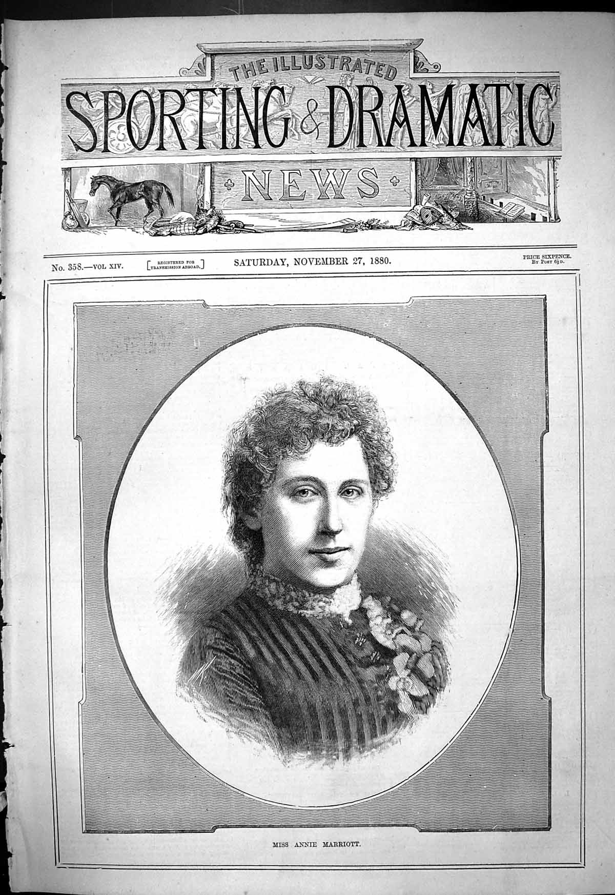 Original Old Antique Print 1880 Portrait Miss Annie Marriott Beautiful Woman