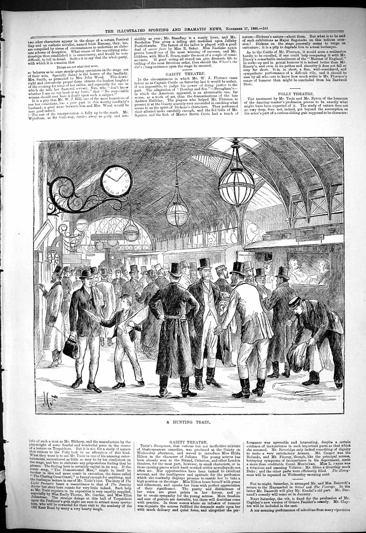 Original Old Antique Print 1880 Hunting Train Railway Huntsmen Station Platform