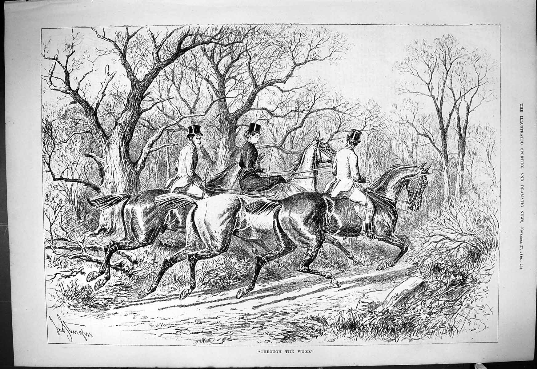 Original Old Antique Print 1880 Through The Wood Hunting Horses Huntsmen 19th