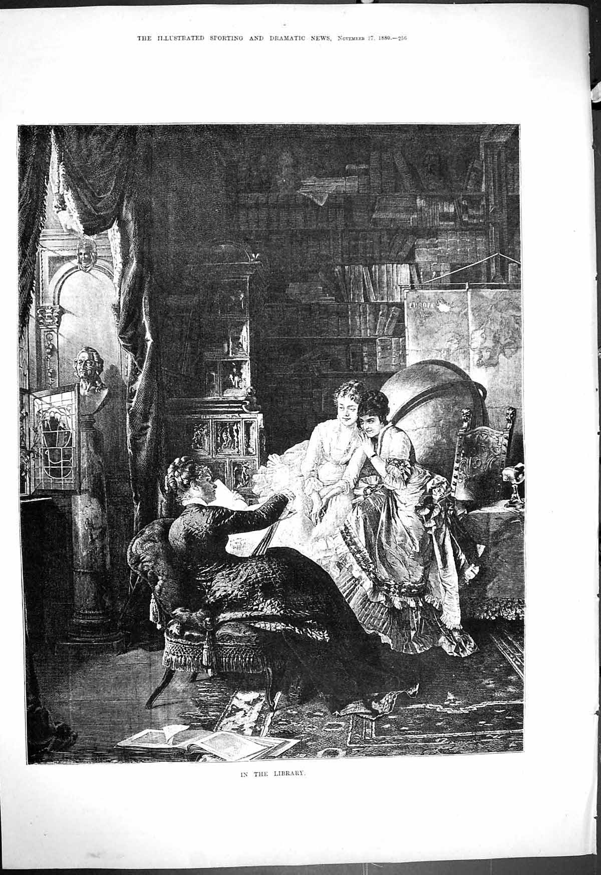 Old Antique Print 1880 Library Scene Ladies Reading Book Sitting Chairs 19th