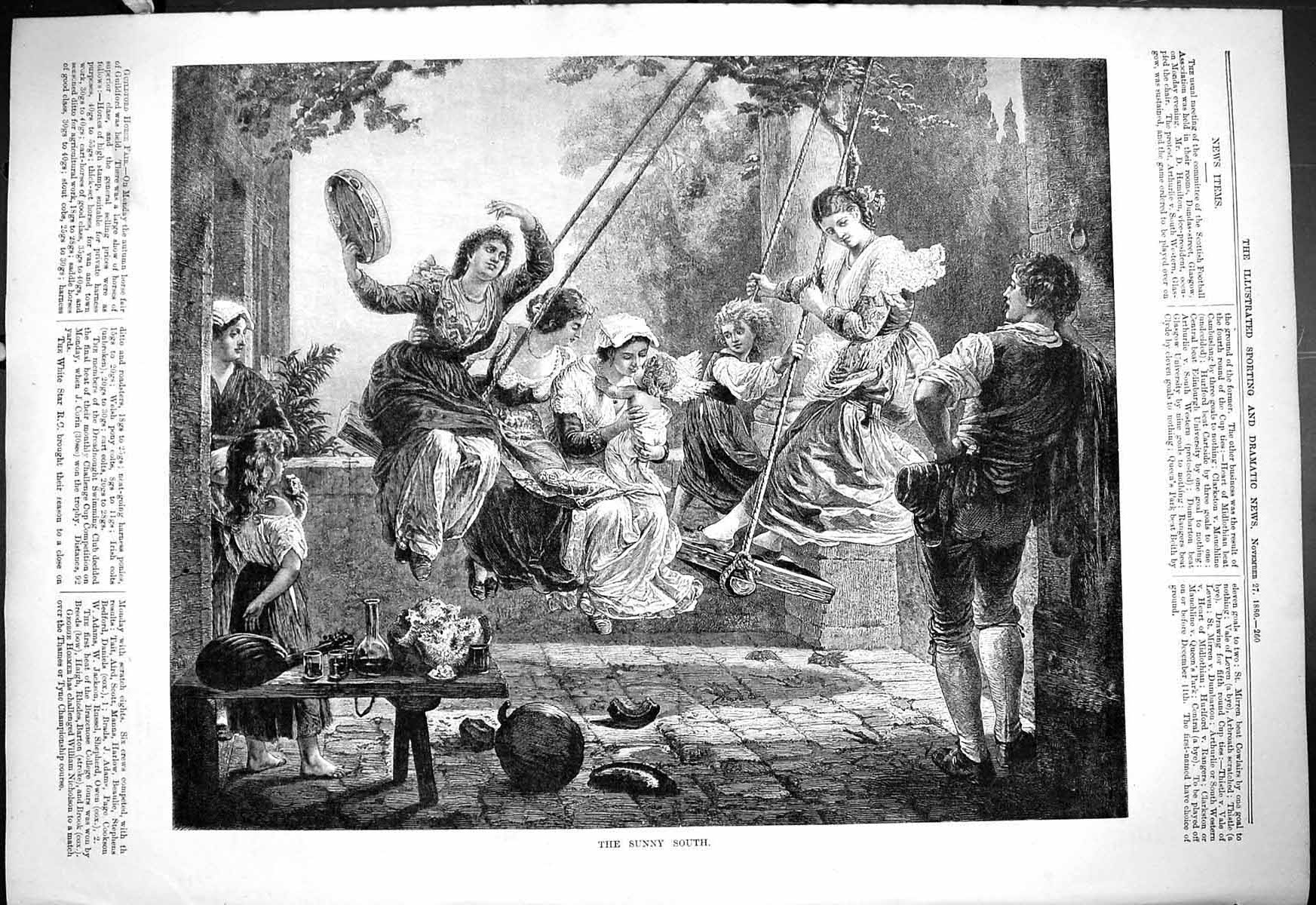 Old Antique Print 1880 Sunny South Ladies Children Swinging Garden Scene 19th