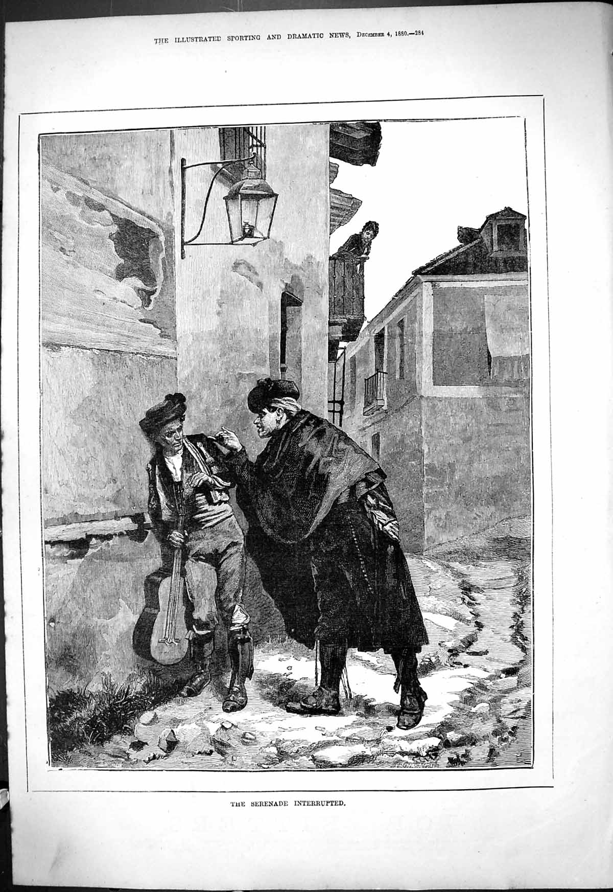 Antique Old Print 1880 Serenade Interrupted Man Guitar Lady Balcony Romance