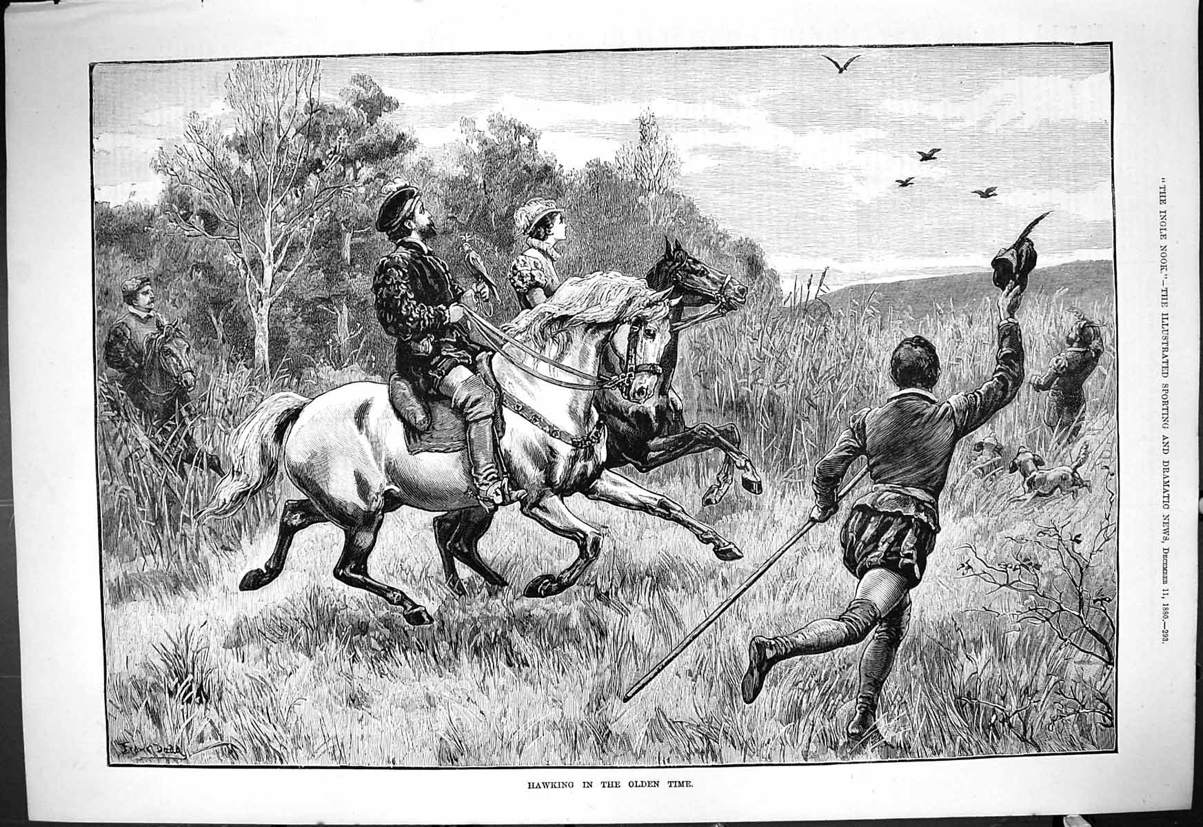 Original Old Antique Print 1880 Hawking en Time Hunting Birds Hawks Horses 19th