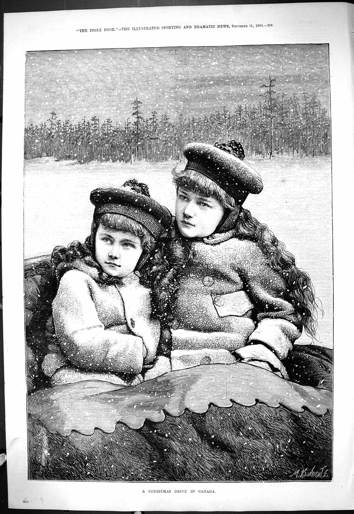Antique Old Print 1880 Christmas Drive Canada Children Snow Transport Coach