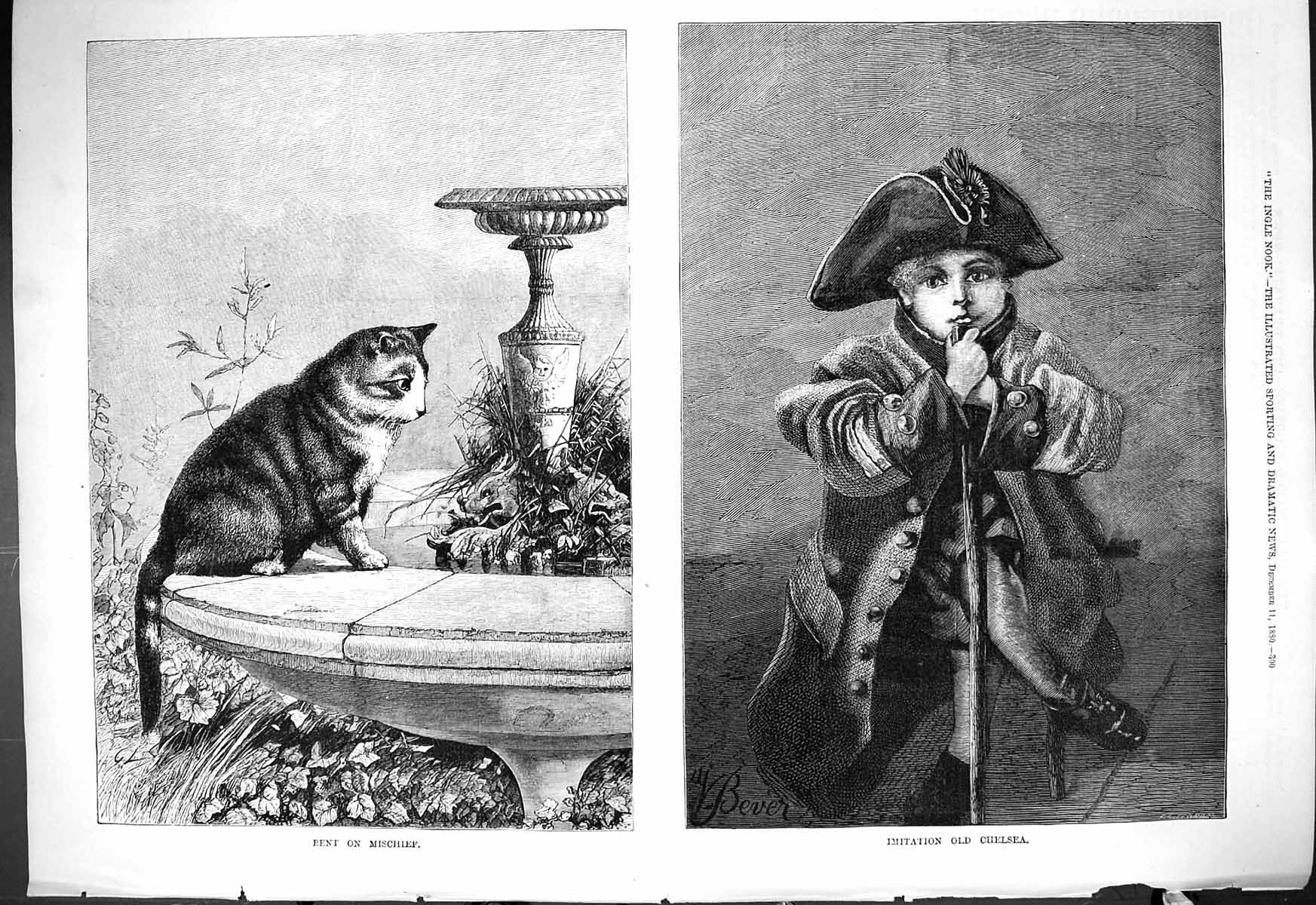 Antique Print 1880 Portrait Young Boy Imitation Chelsea Cat Water Fountain 19th