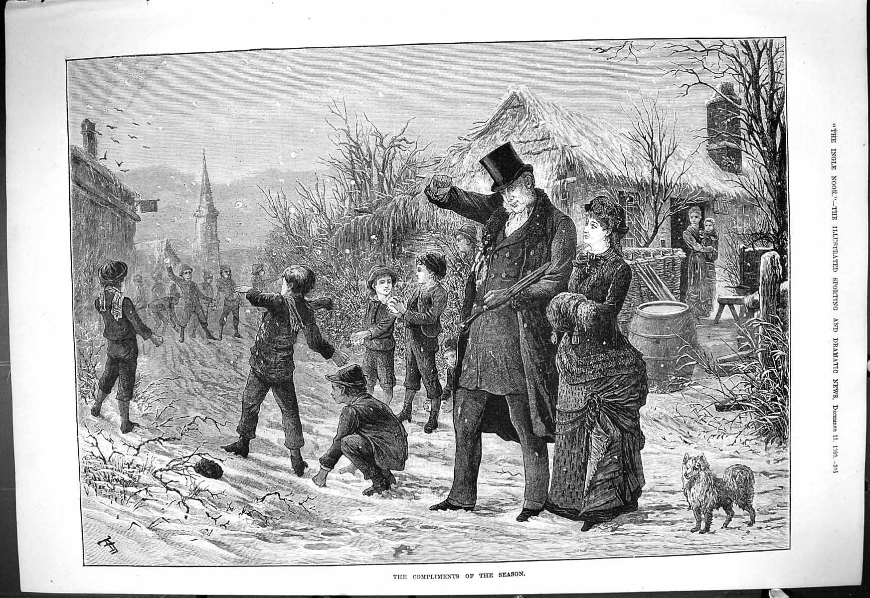Old 1880 Compliments Season Children Snowball Fight Man Lady Street S Victorian