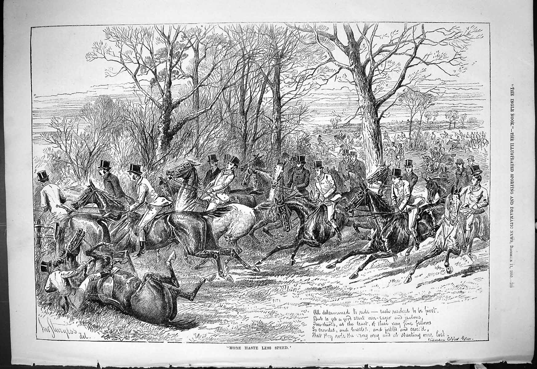 Antique Old Print 1880 More Haste Less Speed Hunting Horses Sport Huntsmen 19th