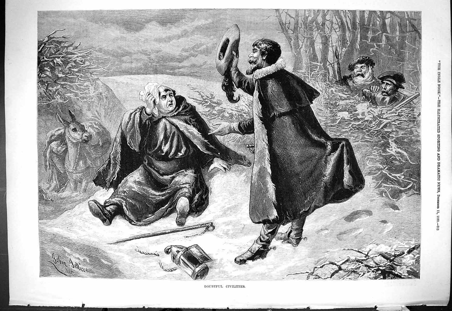Original Old Antique Print 1880 Doubtful Civilities Men Meeting Snow Monk 19th