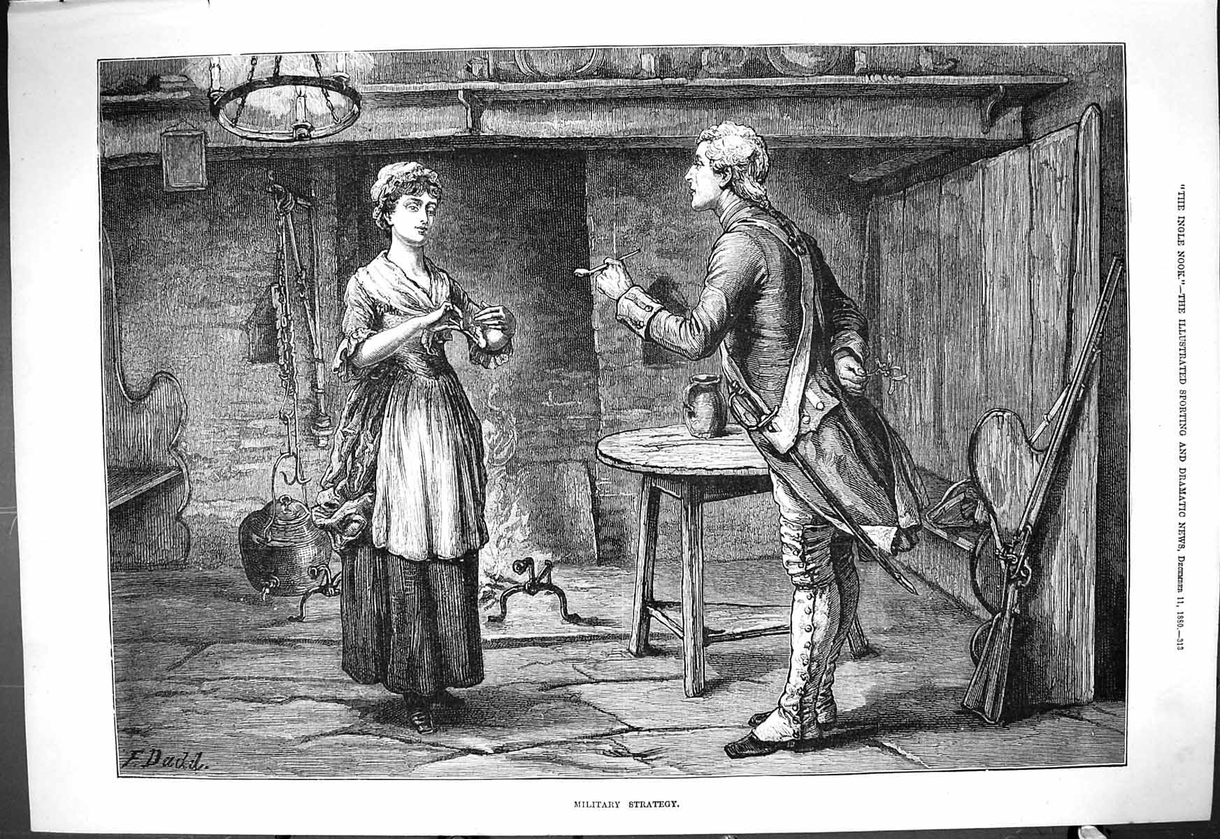 Antique Old Print 1880 Military Strategy Man Lady Smoking Pipe Interior House