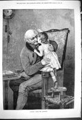 Original Old Antique Print 1880 Fine Art Grandpa Under Mistletoe Little Girl