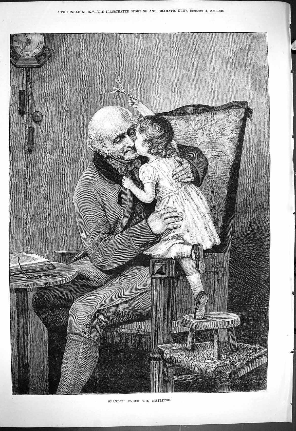 Original Old Antique Print 1880 Fine Art Grandpa Under Mistletoe Little Girl