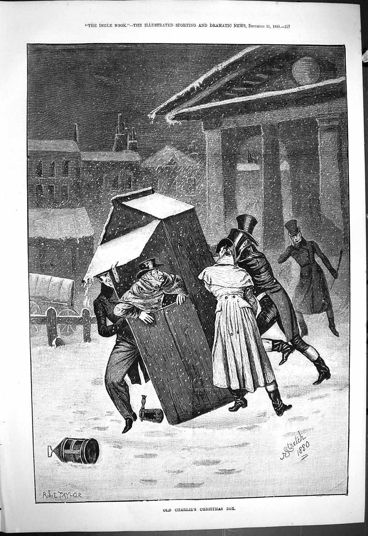 Antique Print 1880 Charlies Christmas Box Men Knocking It Over Snow Scene T