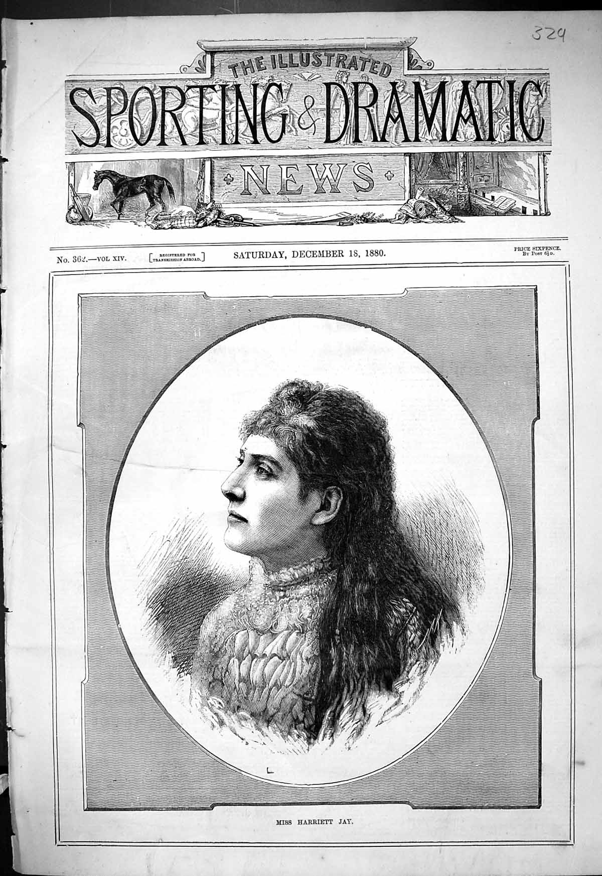 Original Old Antique Print 1880 Portrait Miss Harriett Jay Beautiful Woman 19th