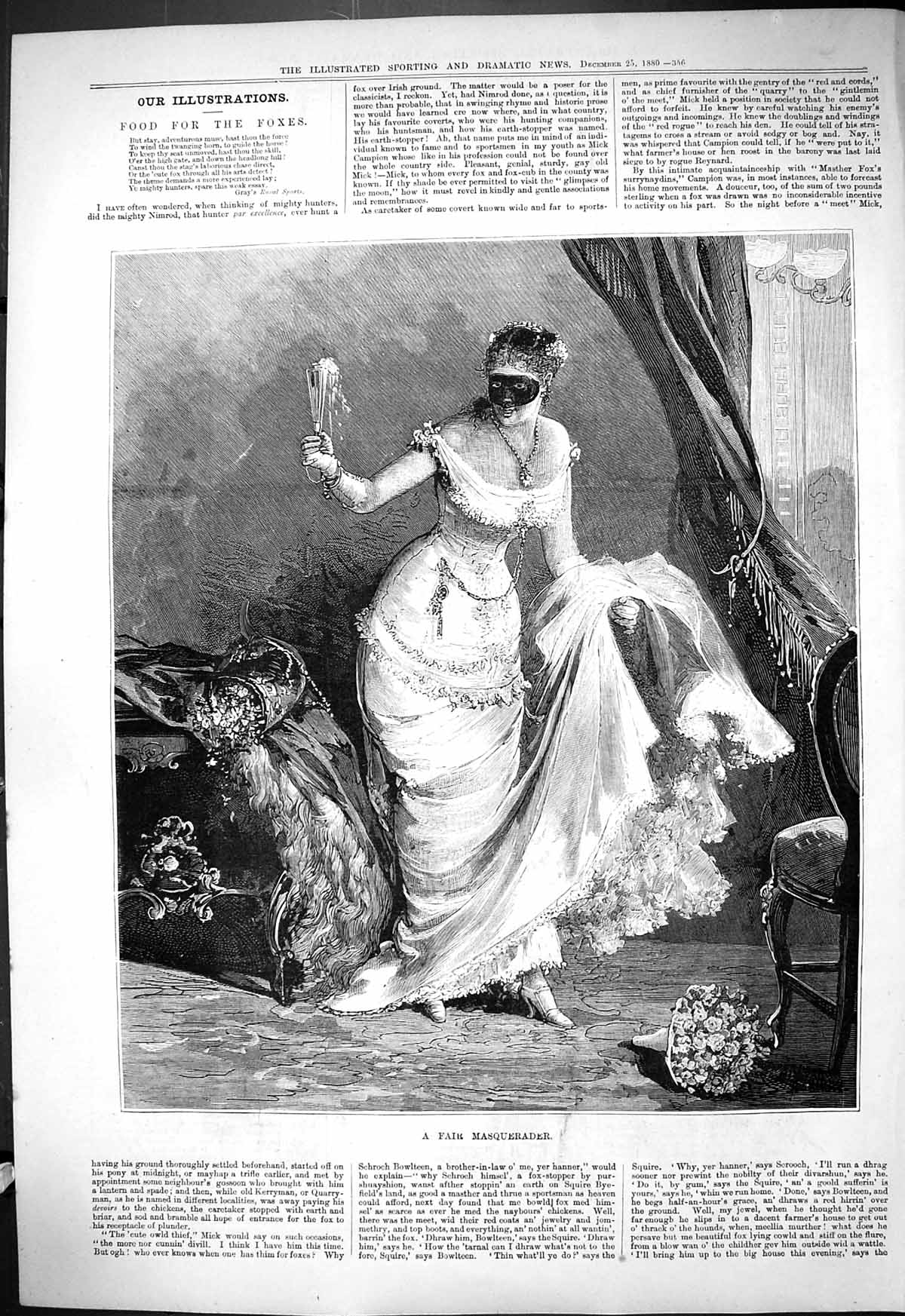 Original Old Antique Print 1880 Fair Masquerader Beautiful Lady Mask Victorian