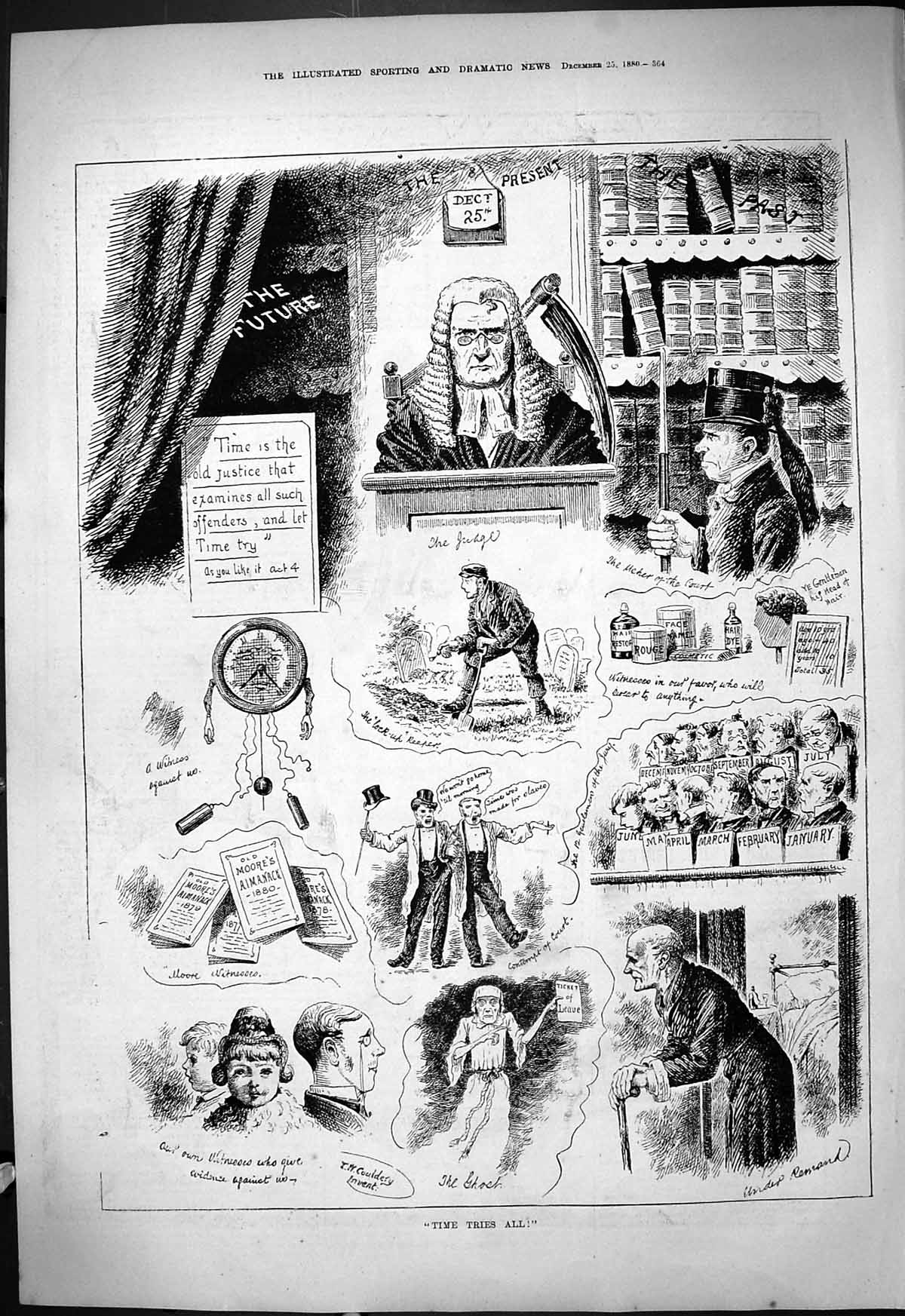 Original Old Antique Print 1880 Time Tries All Court Judge Comedy Sketch 19th