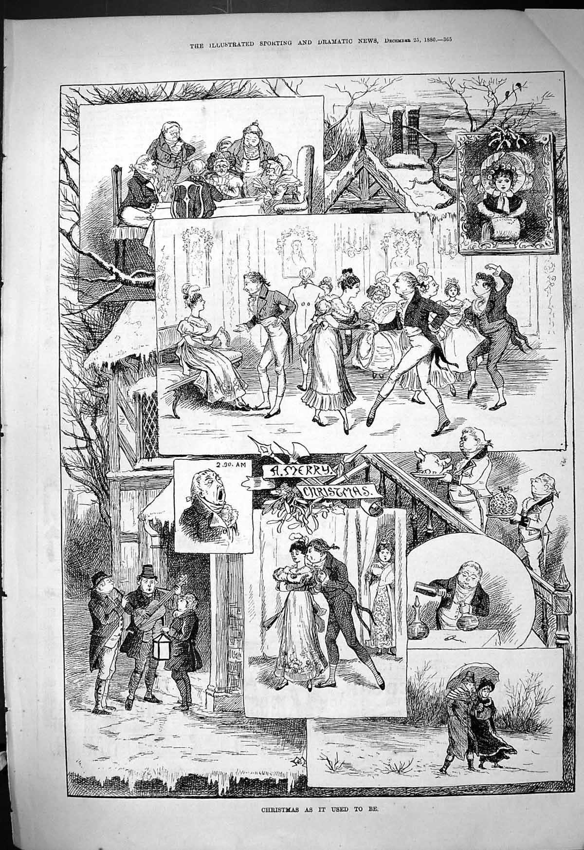 Original Old Antique Print 1880 Merry Christmas Party Celebrations Victorian