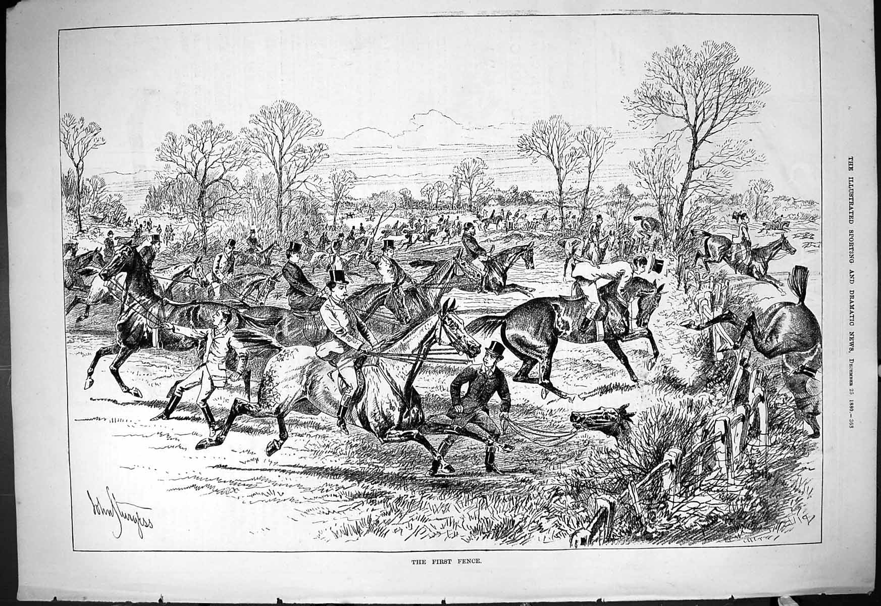 Old Print 1880 First Fence Hunting Horses Jumping Falling Huntsmen Sport 19th