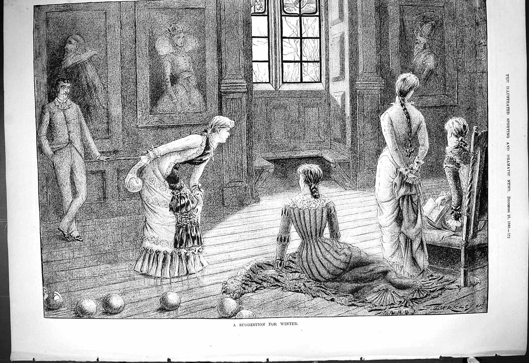 Original Old Antique Print 1880 Suggestion Winter Ladies Bowling Indoors 19th