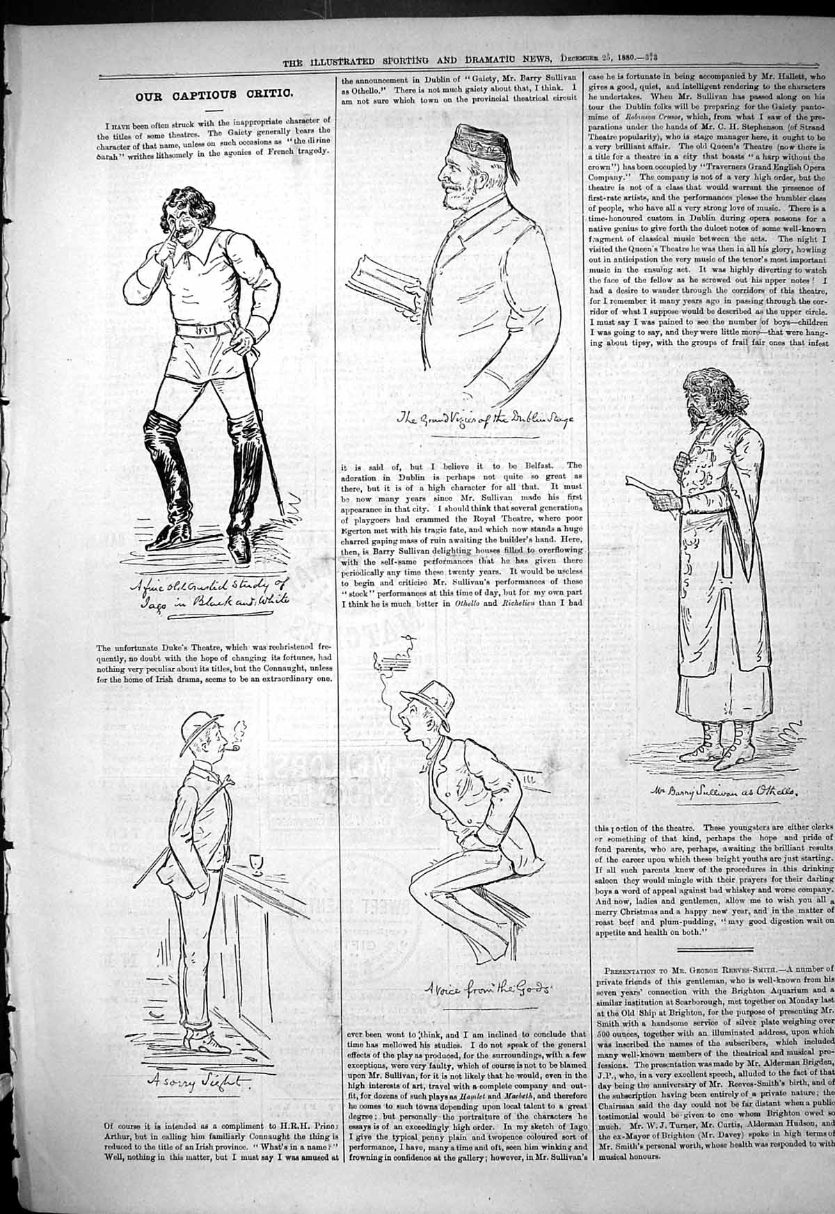 Original Old Antique Print 1881 Captious Critic Theatre Barry Sullivan Othello