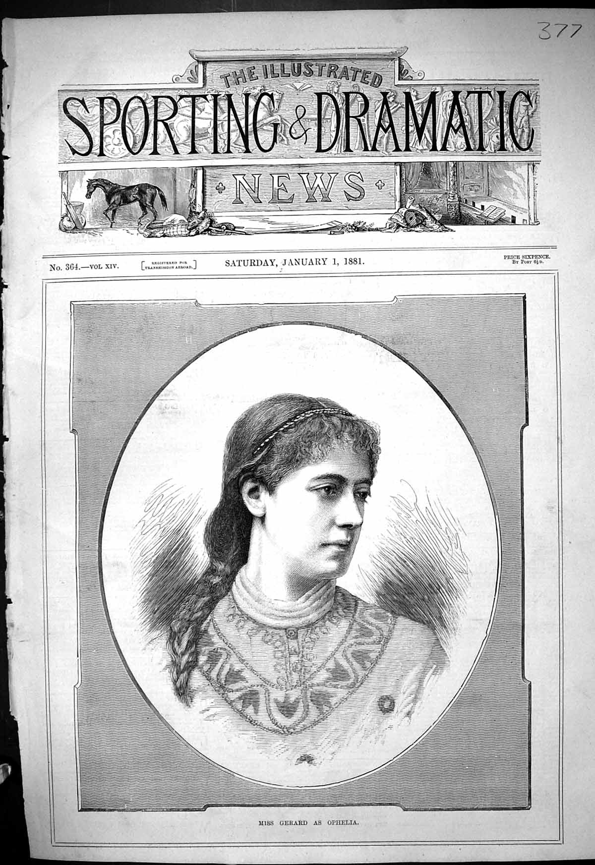 Original Old Antique Print 1881 Portrait Miss Gerard Ohpelia Beautiful Woman