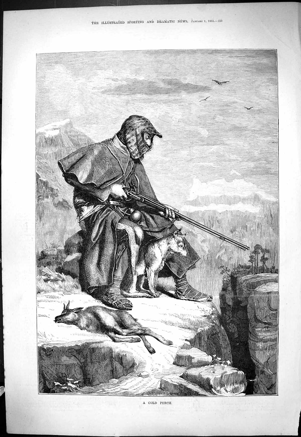 Original Old Antique Print 1881 CPerch Man Hunting Shooting Animals Mountains
