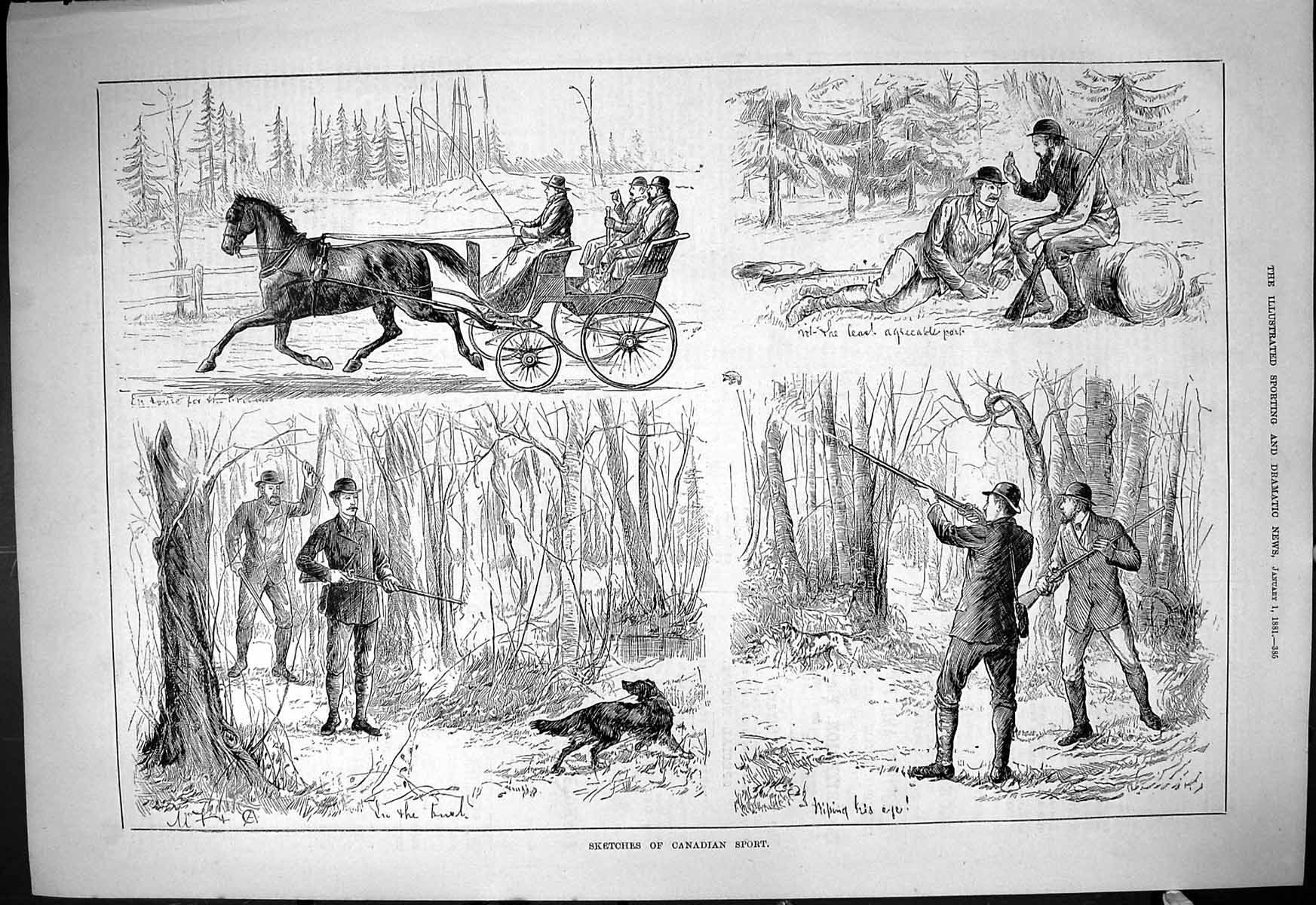 Original Old Antique Print 1881 Canadian Sport Canada Shooting Hunting 19th