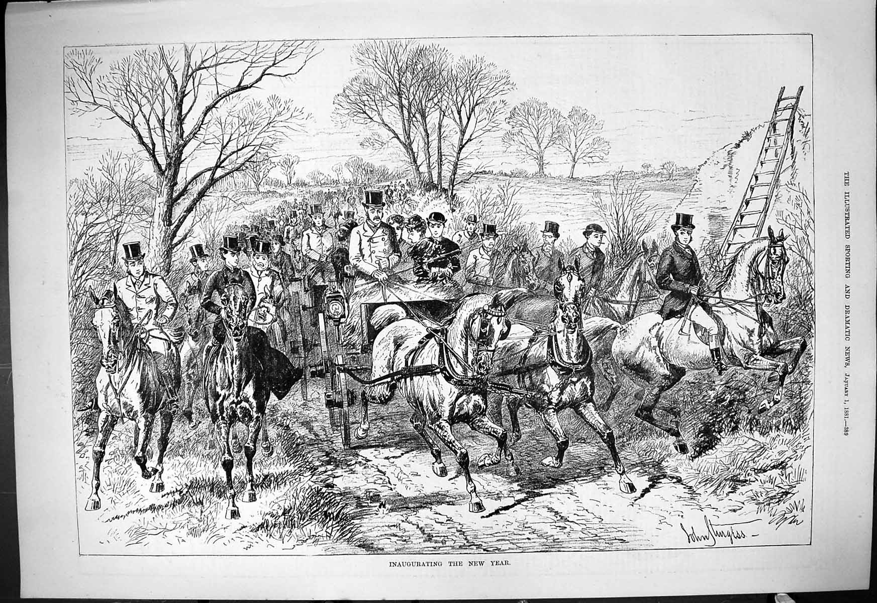 Antique Old Print 1881 Inaugurating New Year Horses Hunting Huntsmen Sport 19th