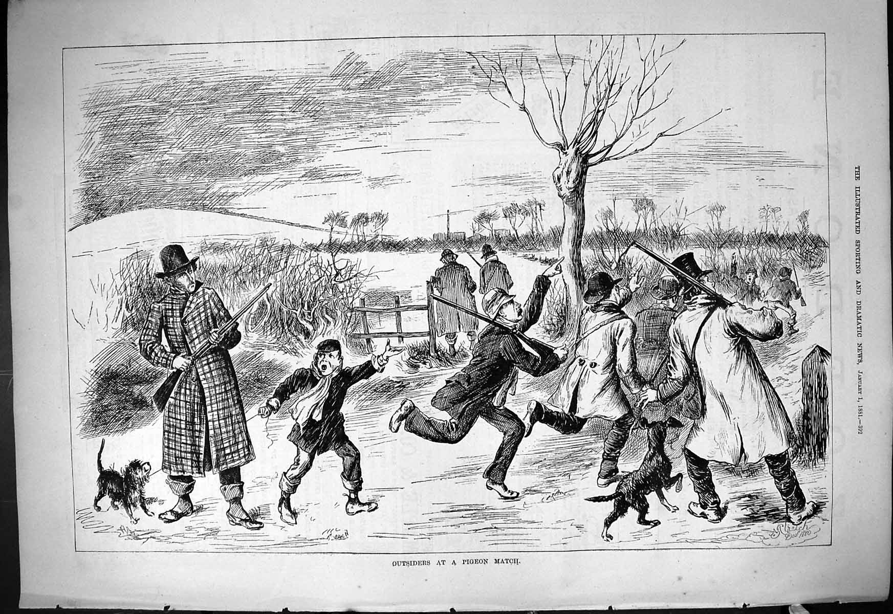 Antique Old Print 1881 Outsiders Pigeon Match Hunting Shooting Birds Sport 19th