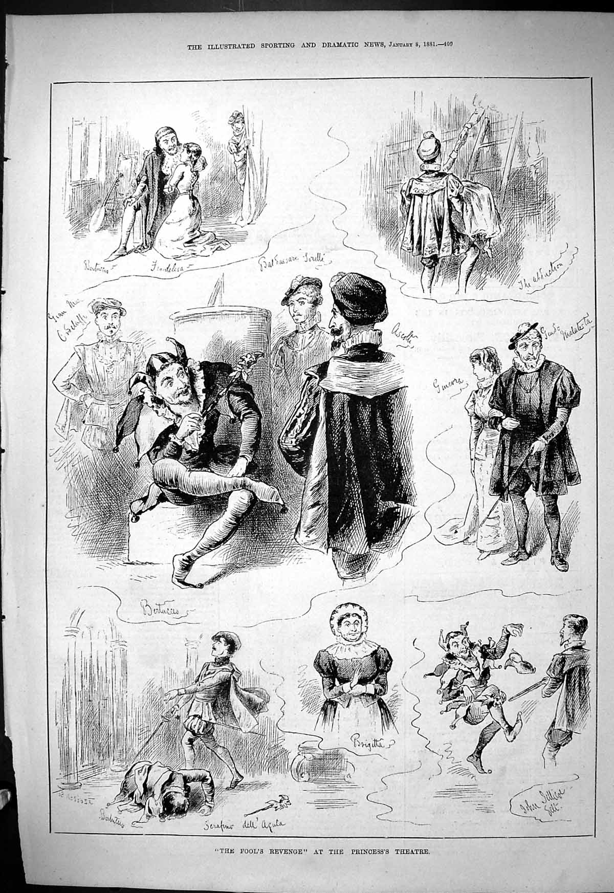 Original Old Antique Print 1881 Fool'S Revenge Princess'S Theatre Scene Actors