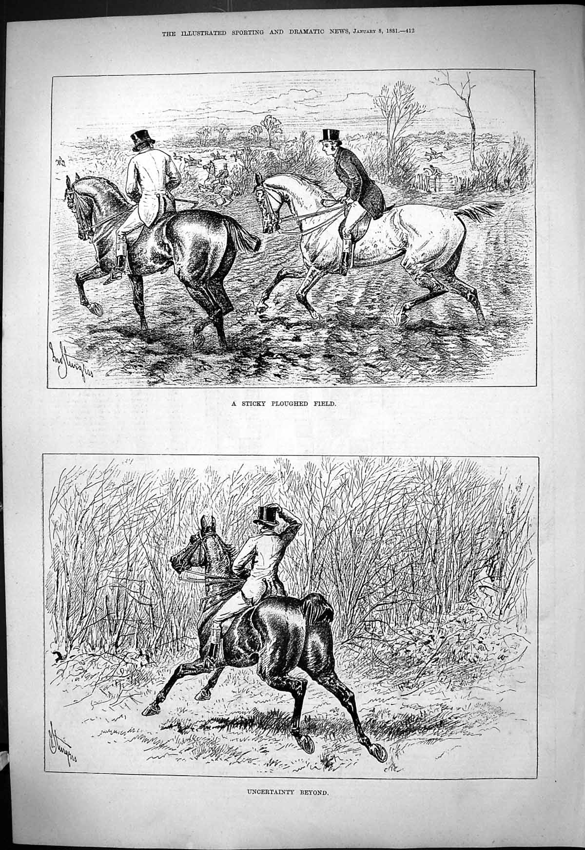 Old 1881 Sticky Ploughed Field Horses Hunting Uncertainty Beyond Fenc Victorian