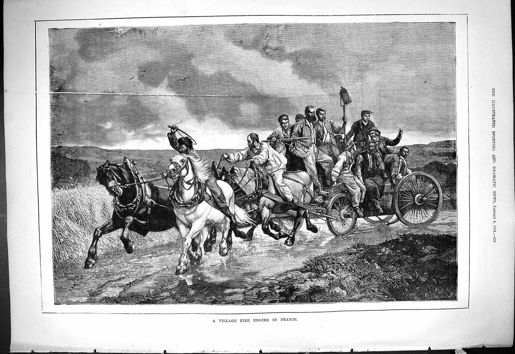 Original Old Antique Print 1881 Village Fire Engine France Firemen Horses 19th