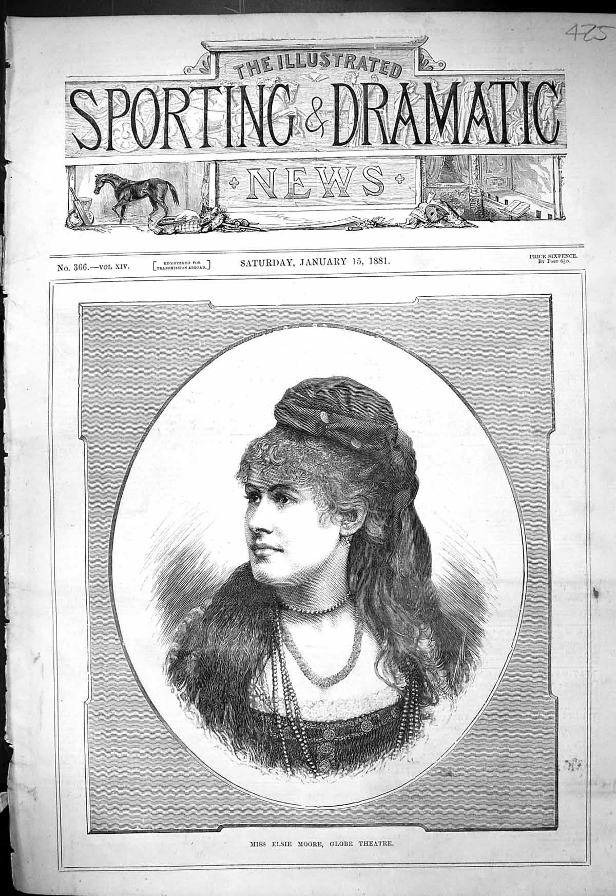 Antique Print 1881 Portrait Miss Elsie Moore Globe Theatre Beautiful Woman 19th